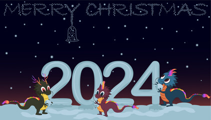 2024 year, dragons, snowball, merry christmas, stars in the sky,  bell from the stars, snow winter, dragon plays snow ball