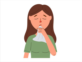 Unhealthy woman blowing nose suffer from flu or cold. Sick people struggle with health problems, have influenza or covid symptoms. Vector illustration