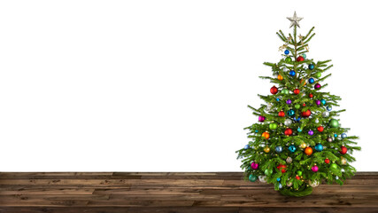 Delightful Christmas tree decorated with colorful ornaments placed on wooden floor, isolated on...