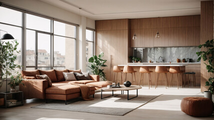Interior of modern living room with wooden walls, wooden floor, comfortable brown sofa and coffee table. 3d rendering