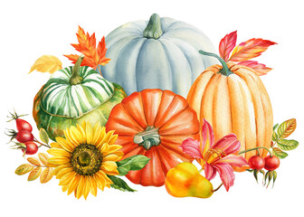 pumpkin watercolor, autumn leaves and pumpkins on isolated white background, watercolor illustration, hand drawing