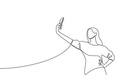 A woman with her hand on her hip takes a selfie or shoots a video through a mobile phone, smartphone. Vector illustration continuous line, line art, outline