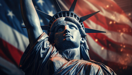 USA Independence Day Concept. Statue of Liberty in front of American Flag extreme closeup.