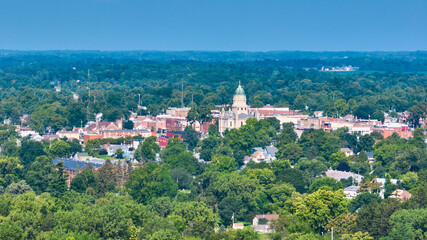 Fototapeta na wymiar Aerial downtown Columbia City side view from a distance with trees all around town