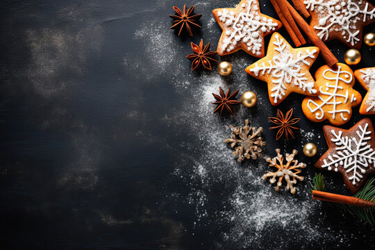 Christmas, food cooking and winter holidays concept , close up of iced gingerbread cookies