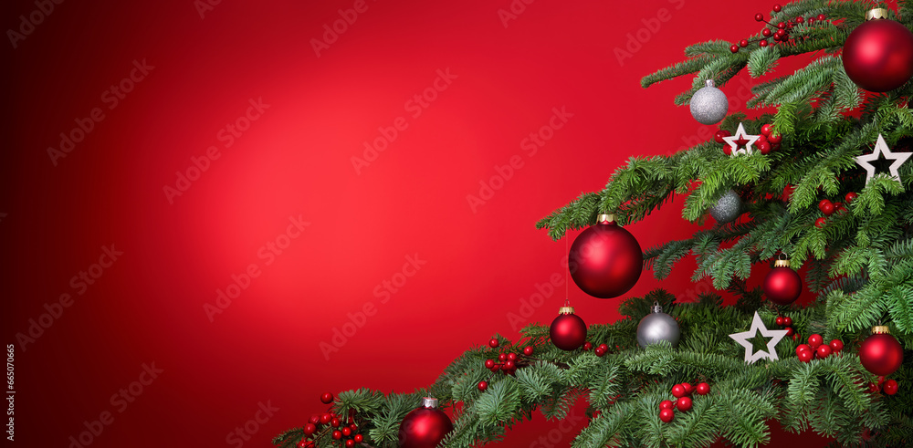 Sticker Red Christmas background with decorated fir tree closeup and copy-space, with baubles and stars