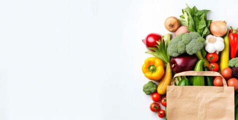 Healthy food in paper bag vegetables and fruits on white background.