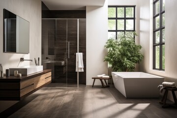 A spacious bathroom with a luxurious bathtub, elegant sink, and stylish mirror