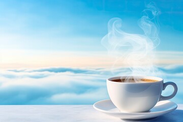 Obraz na płótnie Canvas Hot coffee with smoke in the morning under blue sky.