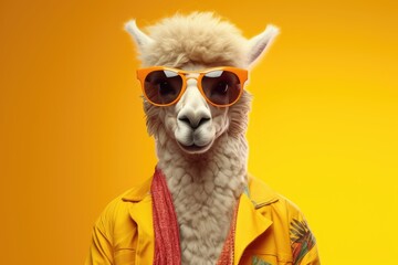 A stylish llama rocking sunglasses and a vibrant yellow jacket