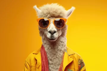 Foto op Canvas A stylish llama rocking sunglasses and a vibrant yellow jacket © pham