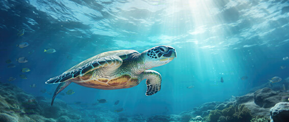 Obraz premium Underwater Turtle in the ocean With copyspace for text