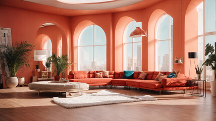 Fototapeta na wymiar Modern living room interior with sofa and coffee table, panoramic window