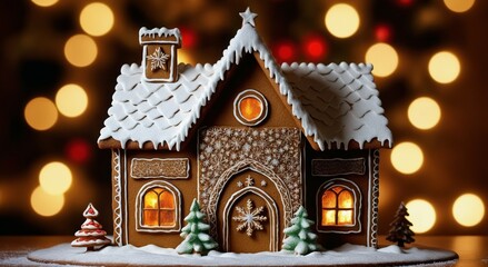 A decorative iced gingerbread house. Christmas decorations, Christmas for birth.