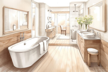 Fototapeta na wymiar Pencil Sketch Cozy Scandinavian Bath Interior extreme closeup. Generative AI