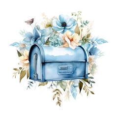Watercolor light blue floral mailbox on a white background.