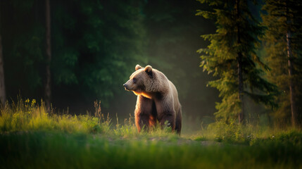 Bear shining in the sunlight  in forest - obrazy, fototapety, plakaty