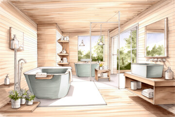 Pencil Sketch Cozy Scandinavian Bath Interior extreme closeup. Generative AI - obrazy, fototapety, plakaty