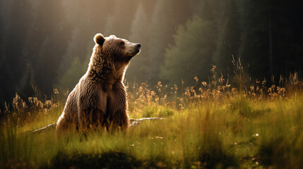 Cute bear standing in the sunlight in meadow - obrazy, fototapety, plakaty
