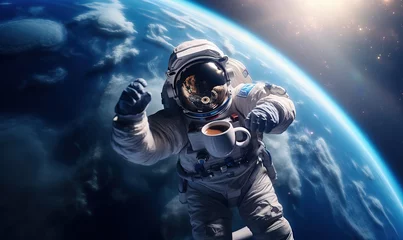 Foto auf Acrylglas Antireflex Astronaut enjoying fresh cup of coffee in space © IBEX.Media