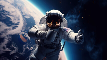 Astronaut enjoying fresh cup of coffee in space and gives thumbs up