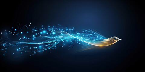 Data transmission concept with abstract bird flying with speed leavening a trace of data particles behind it
