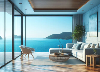 Fototapeta na wymiar Living room and sofa in modern beach. Home interior with sky and sea.