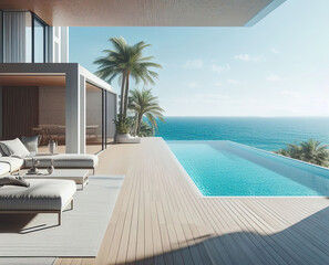 Fototapeta premium Living room and sofa in modern beach. Home interior with sky and sea.