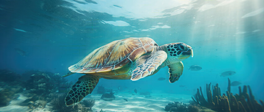 Underwater Turtle in the ocean With copyspace for text
