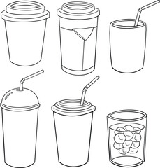 set of beverage cups, water bottle, cup of water, milkshake, juice, soda, illustration, line vector set 