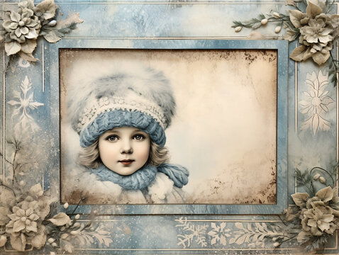 Beautiful vintage framed Christmas themed page with leaves and flowers in a winter light blue and cream style. In the middle of the picture we see a cute little girl in winter clothes. Merry Christmas