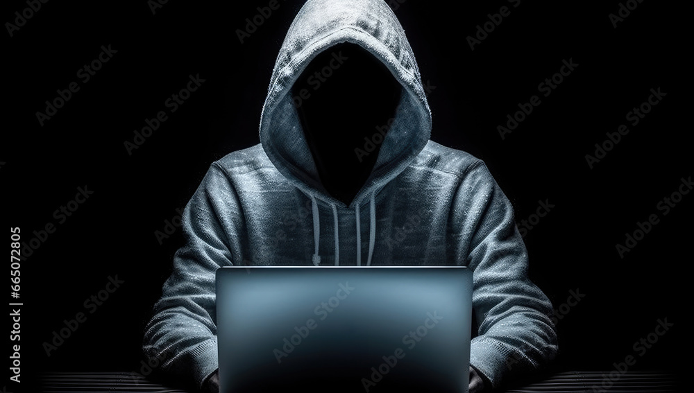 Poster anonymous hacker in hoodie using computer laptop for organizing massive cyber attack extreme closeup