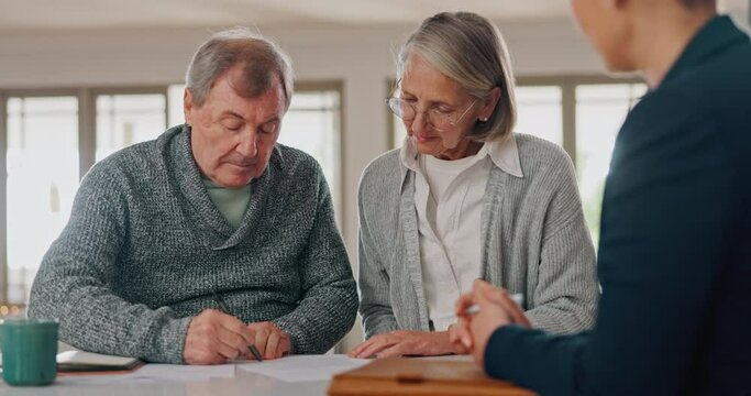 Senior couple, home and documents with financial advisor for pension fund, retirement or agreement. Insurance, paperwork and or people with woman broker in a house for compliance, signature or advice
