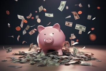 Pink piggy bank and money bills flying in the air around Savings and financial management concepts.