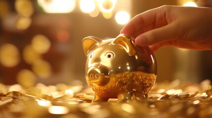 Pink piggy bank and a pile of gold coins savings and financial management concept. - obrazy, fototapety, plakaty