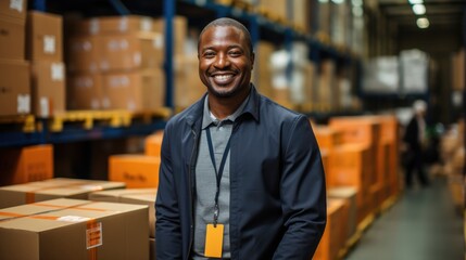 Obraz premium Portrait of a happy worker standing in warehouse distribution center.