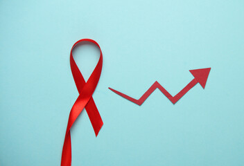 Red AIDS Awareness Ribbon and red arrow on Blue Background