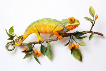 A camouflaged reptile perched on a tree branch