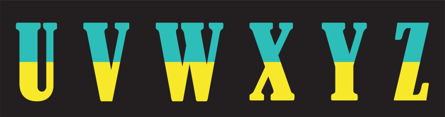 Vector font 
with pattern of yellow blue national ukrainian flag
on the black background.
A set of letters of english alphabet UVWXYZ for
clothing, fabric, textile, paper,
for inscription on t-shirt.