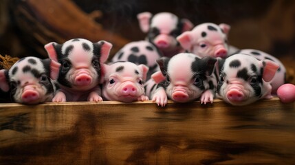 Miniature Piglet Paradise: A wooden enclosure at the animal farm is home to these endearing pot-bellied piglets.