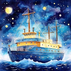 Night sea ship watercolor style for T-shirt design.