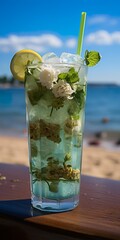 Stunning photo of cocktail mojito, a sunny summer beach in the background.