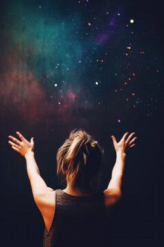 Woman With Hands Up Reaching Out To The Starry Night