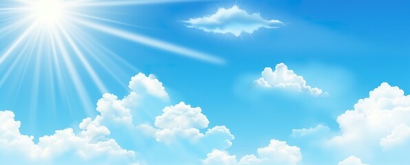 Sunny background, blue sky with white clouds and sun.