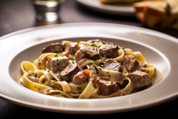 Tagliatelle with sausage and porcini, Pasta with sausage and summer cep mushroom.