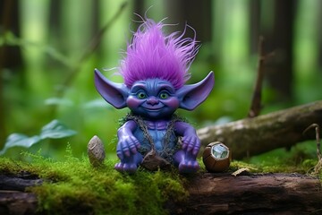 Tale troll with crystals in the forest, natural green background.