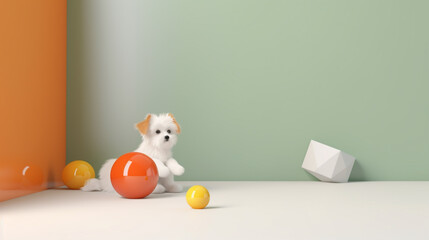 Playful puppy against green wall with colorful chew toys in modern minimalist room interior and copy space 