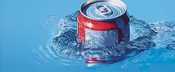 Top of drink tin can iced submerged in frost ice, metal aluminum beverage.