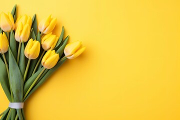 Top view design of holiday greeting tulip flower bouquet on bright yellow Background.