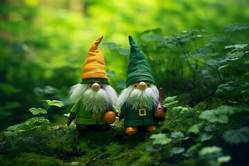 Toy Irish gnomes in a mystery forest, abstract green natural background.